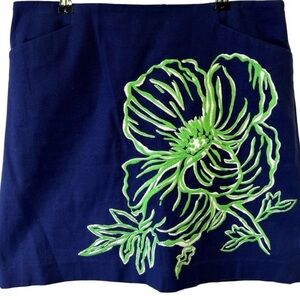 Lilly Pulitzer Blue Skirt with Green Floral Embroidery
